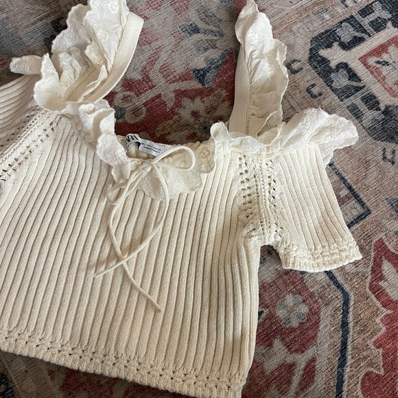 Zara Cold Shoulder Knit Cropped Sweater Ruffle Tie Top Size Large - Picture 5 of 7